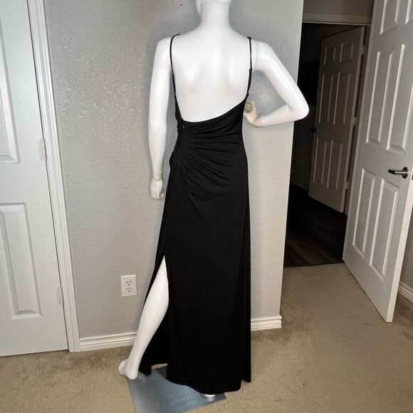 BCBGMAXAZRIA Size M Gown Asymmetric Neck Side Slit Black Open Back Gold Sequin - Picture 4 of 9